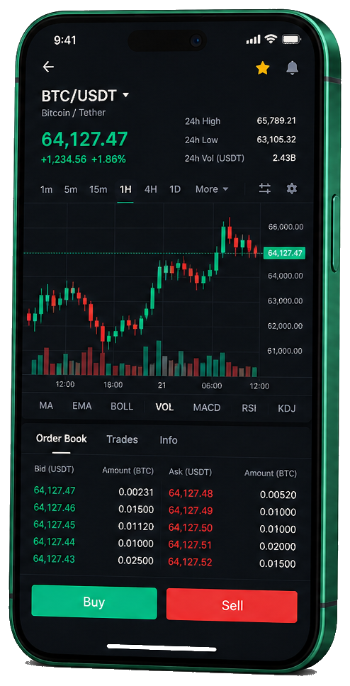 Yieldario Ai trading platform on mobile — live BTC/USDT chart, order book, and buy/sell interface